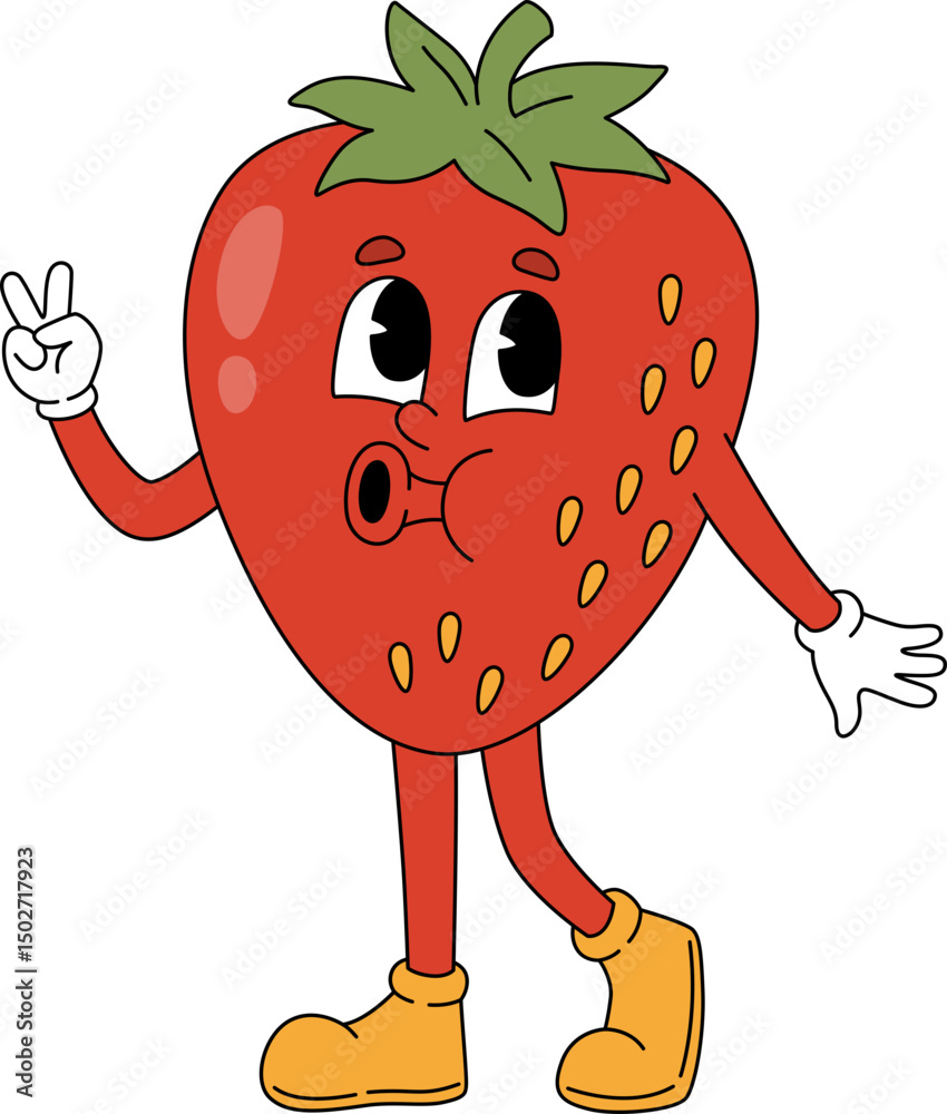 Fototapeta premium Cartoon Strawberry Groovy Retro Fruit