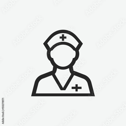 Download a clean and minimal set black and white medical-themed line icons featuring nurses, first aid kits, stethoscopes, hospital buildings, and more. 