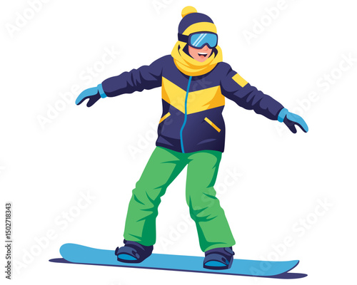 Happy Cartoon Boy Snowboarding on Colorful Board in Fun Winter Sports Adventure