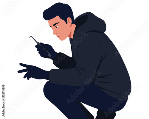 Cartoon Character in Hoodie Engaged in Lock Picking Action with Focused Expression
