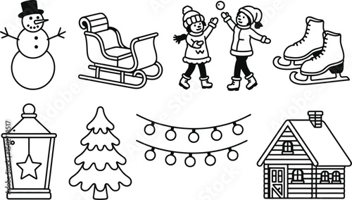 Monochrome winter holiday icons snowman sleigh kids snowball fight skates house