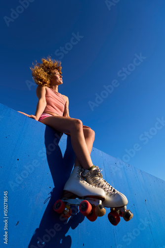 Quadro su tela Young woman wearing roller skates sitting on a wall looking away