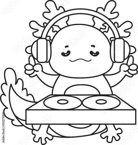 Outline of Illustration of cute axolotl activities icon.
Lineart of Funny pink axolotl in daily routine stickers.
