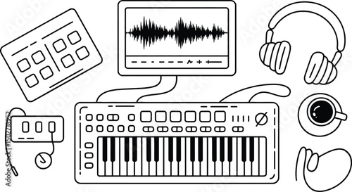 Minimalist line art illustration of music production equipment and coffee mug