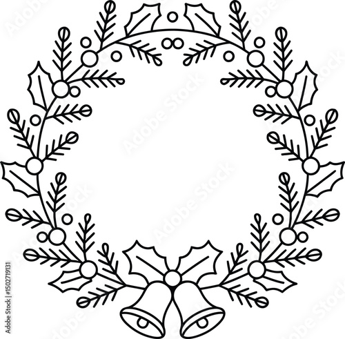 Christmas holly wreath with bells outline festive decoration holiday design
