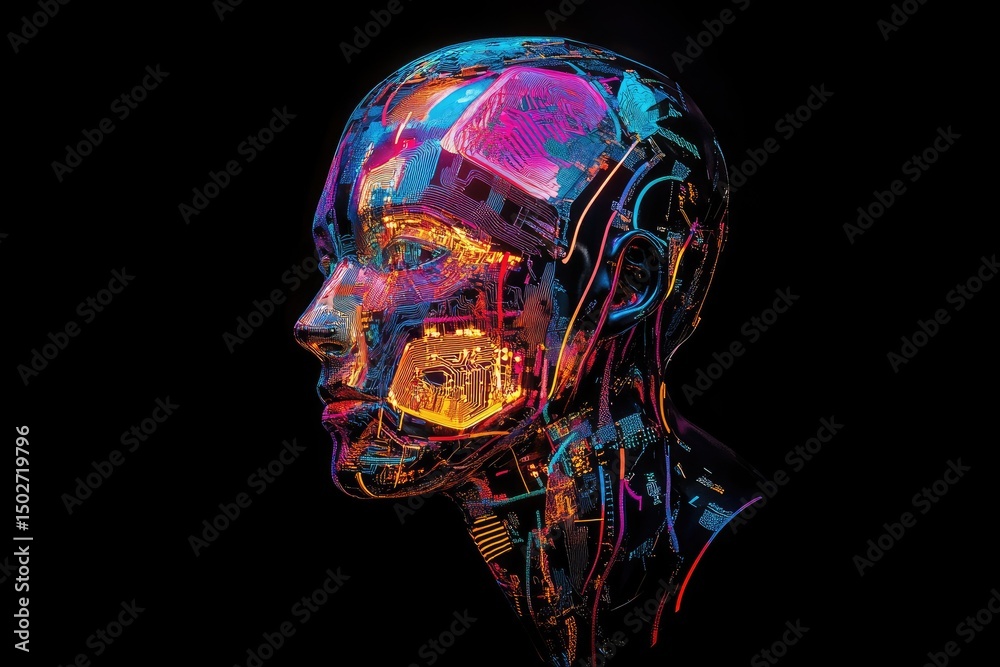 Cybernetic head profile, vibrant colors Cybernetic head profile, vibrant colors