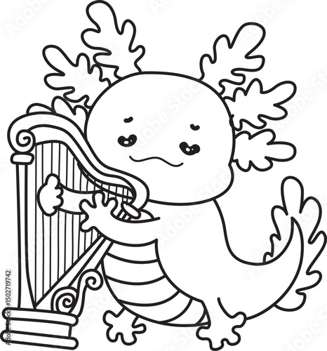 Outline of Illustration of cute axolotl activities icon.
Lineart of Funny pink axolotl in daily routine stickers.
