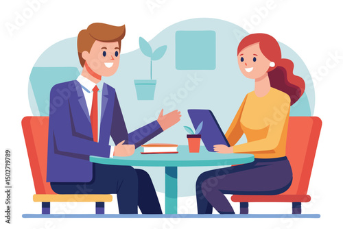 Business conversation man and woman at the table Illustration Design