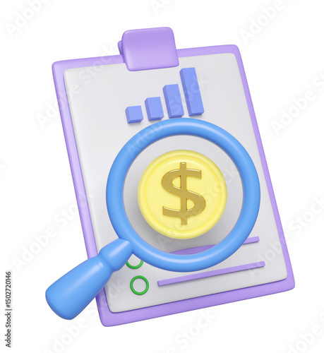 3d magnifying glass with clipboard, checklist paper, dollar coin, bar graph isolated. analysis business financial data, business strategy concept, 3d render illustration
