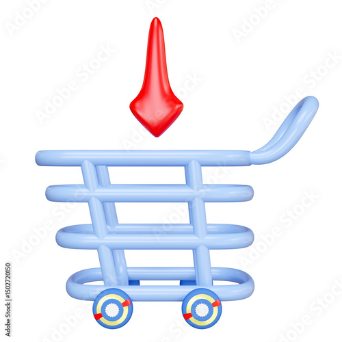 3d cartoon shopping cart icon with arrow isolated. Concept of shopping in supermarket, putting goods in basket, 3d render illustration