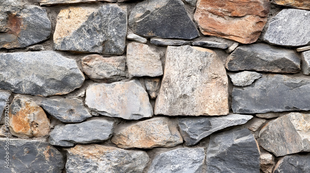 Fototapeta premium Photograph of stone wall, irregular gray and brown rocks, textured surface, rustic construction.
