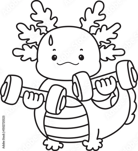 Outline of Illustration of cute axolotl activities icon.
Lineart of Funny pink axolotl in daily routine stickers.
