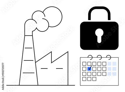 Factory structure emitting smoke linked to a checked calendar and lock symbolizing industrial scheduling, compliance, and security. Ideal for production management, environmental policies, project