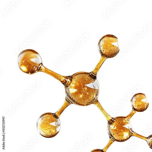 Close up of a golden molecular structure with spheres and connecting rods on a black background