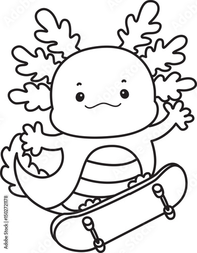 Outline of Illustration of cute axolotl activities icon.
Lineart of Funny pink axolotl in daily routine stickers.
