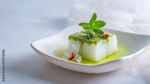 Exquisite khanom chan, a traditional Thai dessert, is presented in a modern fine dining setting, adorned with mint and a delicate orchid blossom detail. photo
