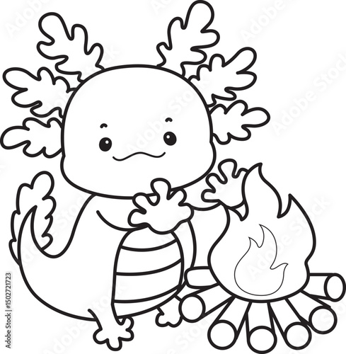Outline of Illustration of cute axolotl activities icon.
Lineart of Funny pink axolotl in daily routine stickers.
