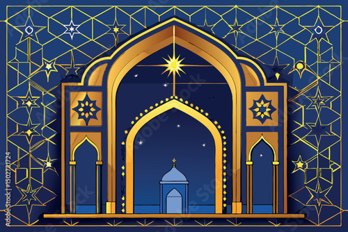 Stunning illustration of an opulent palace arch with intricate geometric and floral patterns, creating a regal and festive atmosphere