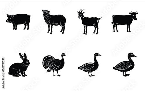 Farm animals silhouette vector set. Goat, sheep, cow, rabbit, duck, goose, turkey, pig illustrations for agriculture designs