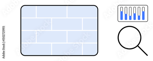 Blue firewall design, magnifying glass, and settings panel represent security, protection, and analytics. Ideal for cybersecurity, protection, privacy, monitoring control network simple landing