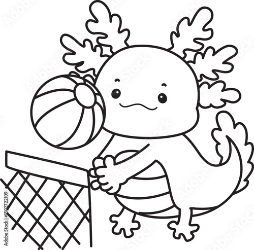 Outline of Illustration of cute axolotl activities icon.
Lineart of Funny pink axolotl in daily routine stickers.
