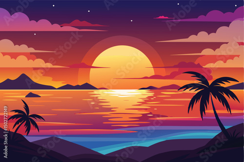 Colorful Sunset Over Ocean Vector Illustration

