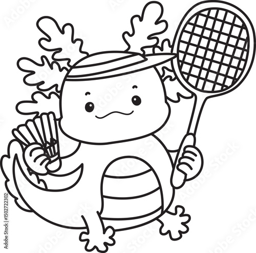 Outline of Illustration of cute axolotl activities icon.
Lineart of Funny pink axolotl in daily routine stickers.
