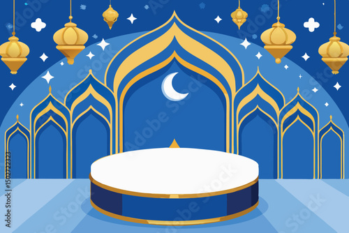 Luxurious and ornate golden arch with hanging lanterns and a celestial backdrop, ideal for festive designs or special occasion decorations