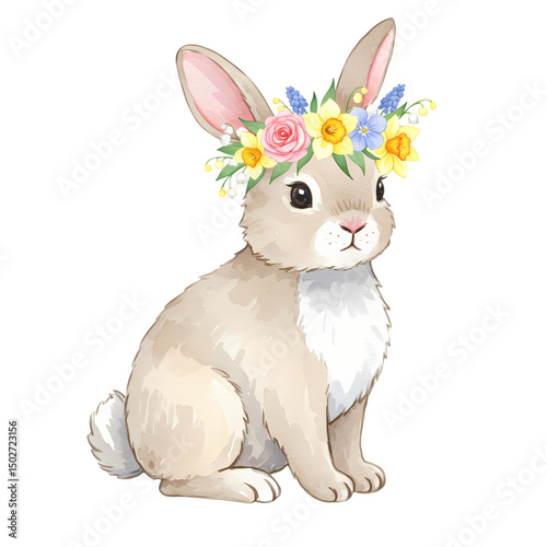 Adorable Bunny with Flower Crown: Watercolor Illustration