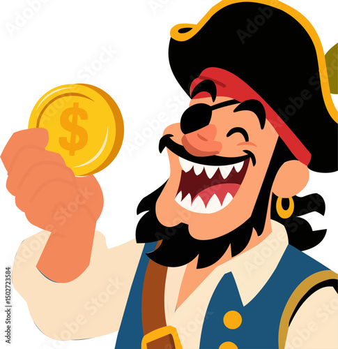 fully hand traced illustration of a happy pirate wearing an eye patch, holding a shiny gold coin