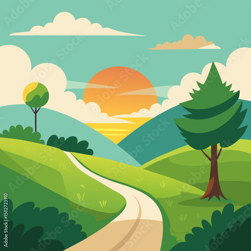 Rolling landscape with trees and distant mountains under sky with clouds