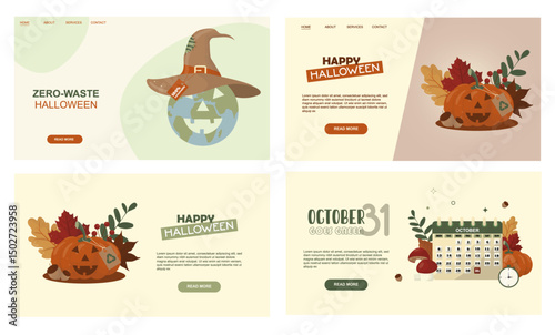 Zero Waste Halloween Web Design Template Set. eco-friendly Halloween website mockups featuring sustainable themes. Flat style. Sustainable halloween concept. Vector illustration