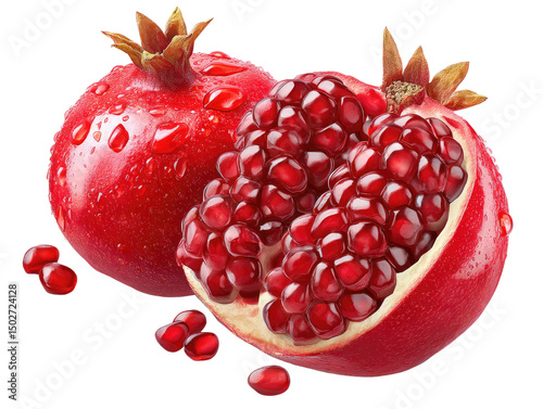 Pomegranate in Full Glory: A vivid image showcasing a luscious pomegranate, whole and sliced, revealing its juicy, ruby-red seeds. Capturing the essence of freshness and natural sweetness.