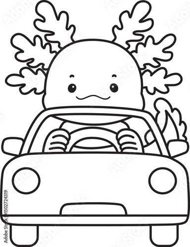 Outline of Illustration of cute axolotl activities icon.
Lineart of Funny pink axolotl in daily routine stickers.
