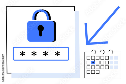 Padlock over password field paired with calendar showing a marked date. Ideal for security, data protection, scheduling, authentication, safeguarding privacy, workflow planning, flat simple metaphor