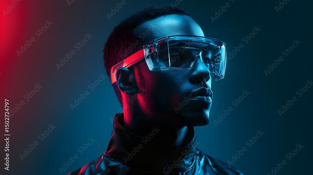 Digital illustration of a dark-skinned man wearing futuristic glasses against a vibrant blue and red background. Digital illustration of a dark-skinned man wearing futuristic glasses against a vibrant blue and red background.