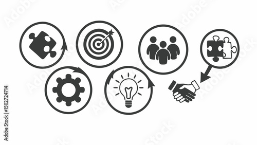 Business strategy icons depicting teamwork, goals, ideas, process, and partnership for success growth created with generated ai