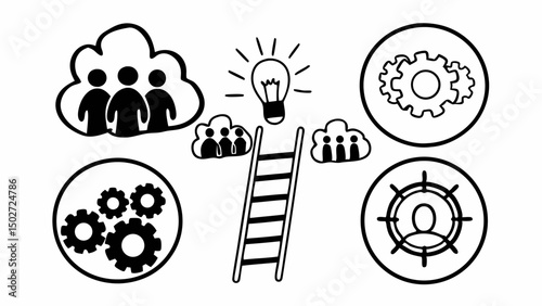 Illustration depicting teamwork, idea generation, and progress towards goals with ladder and gears icon created with generated ai