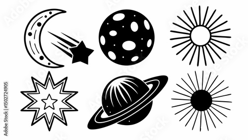 Illustration showing celestial bodies including a moon, planet, sun and stars on a white background created with generated ai