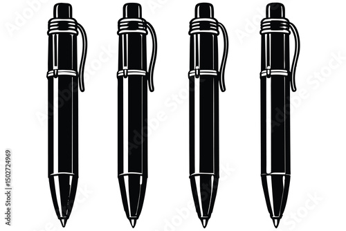Four black pens isolated on white background