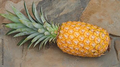 A whole pineapple with its green top on a stone surface
