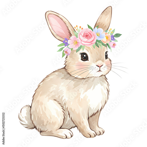 Cute Bunny with Flower Crown: Watercolor Rabbit Illustration
