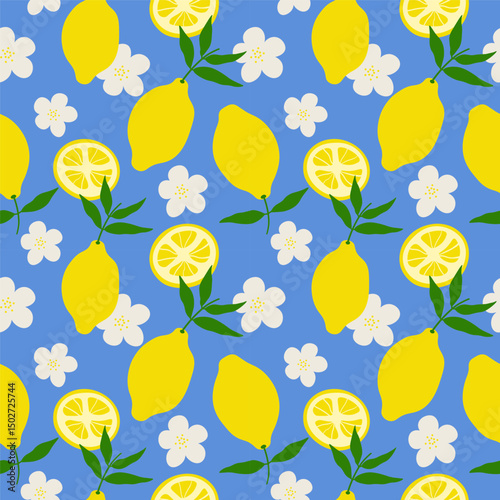 Lemon Citrus fruit repeating seamless pattern. Vector blue background with yellow citrons, leaf, flower. Rapport with yellow Lime plant branch for wrapping, textile, paper, card, print, paper, label