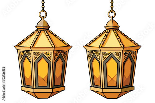 Close up of two elegant golden lanterns for Ramadan, featuring intricate designs and warm colors, suitable for religious and festive settings