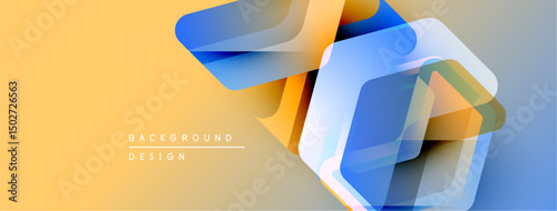 Abstract geometric shapes overlap, creating vibrant color gradients. Soft yellow background complements blue, orange hues. Modern design element.