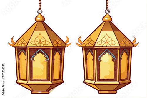 Ramadan lanterns in golden hues with detailed craftsmanship, suspended against a clean background, perfect for Ramadan themed celebrations