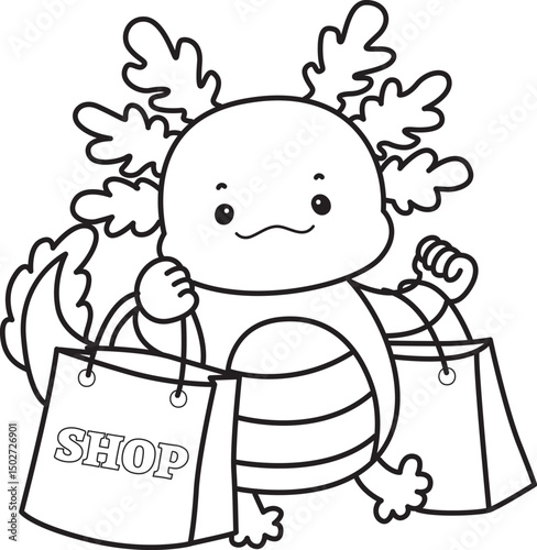 Outline of Illustration of cute axolotl activities icon.
Lineart of Funny pink axolotl in daily routine stickers.
