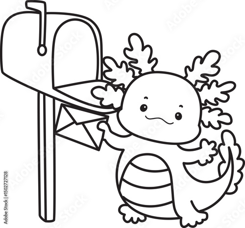 Outline of Illustration of cute axolotl activities icon.
Lineart of Funny pink axolotl in daily routine stickers.
