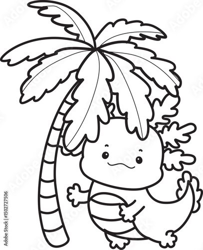 Outline of Illustration of cute axolotl activities icon.
Lineart of Funny pink axolotl in daily routine stickers.
