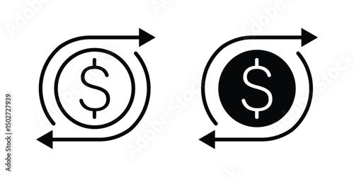 cash flow icon set. money return on investment sign. money cycle icon. cashback icon. recovery icon. USD symbol circle by two arrows.